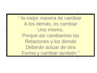 “ la mejor manera de cambiar
A los demás, es cambiar
Uno mismo,
Porque así cambiamos las
Relaciones y los demás
Deberán actuar de otra
Forma y cambiar también ”
“ la mejor manera de cambiar
A los demás, es cambiar
Uno mismo,
Porque así cambiamos las
Relaciones y los demás
Deberán actuar de otra
Forma y cambiar también ”
 