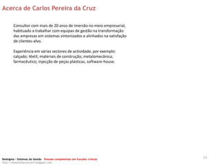 Acerca de Carlos Pereira da Cruz

        Consultor com mais de 20 anos de imersão no meio empresarial,
        habituado a trabalhar com equipas de gestão na transformação
        das empresas em sistemas sintonizados e alinhados na satisfação
        de clientes-alvo.

        Experiência em várias sectores de actividade, por exemplo:
        calçado; têxtil; materiais de construção; metalomecânica;
        farmacêutico; injecção de peças plásticas, software-house.




Redsigma – Sistemas de Gestão Pessoas competentes em funções críticas
                                                                          13
http://balancedscorecard.blogspot.com
 