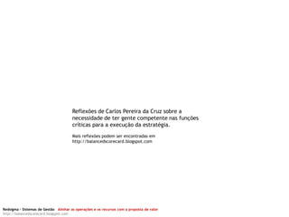 Reflexões de Carlos Pereira da Cruz sobre a
                                       necessidade de ter gente competente nas funções
                                       críticas para a execução da estratégia.
                                       Mais reflexões podem ser encontradas em
                                       http://balancedscorecard.blogspot.com




Redsigma – Sistemas de Gestão Alinhar as operações e os recursos com a proposta de valor
http://balancedscorecard.blogspot.com
 