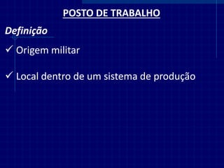 POSTO DE TRABALHO 
Definição 
Origem militar 
Local dentro de um sistema de produção  