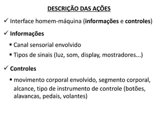 DESCRIÇÃO DAS AÇÕES 
 Interface homem-máquina (informações e controles) 
 Informações 
 Canal sensorial envolvido 
 Tipos de sinais (luz, som, display, mostradores...) 
 Controles 
 movimento corporal envolvido, segmento corporal, 
alcance, tipo de instrumento de controle (botões, 
alavancas, pedais, volantes)  