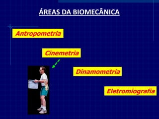 ÁREAS DA BIOMECÂNICA 
Antropometria 
Cinemetria 
Dinamometria 
Eletromiografia  