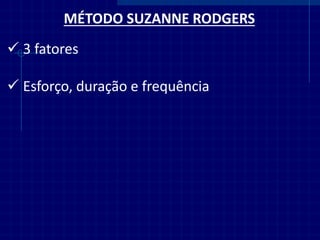 MÉTODO SUZANNE RODGERS 
3 fatores 
Esforço, duração e frequência  