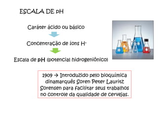 ESCALA DE pH Caráter ácido ou básico Concentração de íons H + Escala de  pH  (potencial hidrogeniônico) 1909    Introduzido pelo bioquímica dinamarquês Soren Peter Lauritz Sorensen para facilitar seus trabalhos no controle da qualidade de cervejas. 