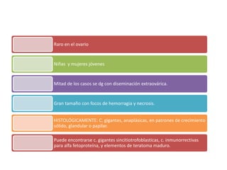 Raro en el ovario
Niñas y mujeres jóvenes
Mitad de los casos se dg con diseminación extraovárica.
Gran tamaño con focos de hemorragia y necrosis.
HISTOLÓGICAMENTE: C. gigantes, anaplásicas, en patrones de crecimiento
sólido, glandular o papilar.
Puede encontrarse c. gigantes sincitiotrofoblasticas, c. inmunorrectivas
para alfa fetoproteína, y elementos de teratoma maduro.
 
