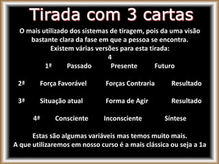 O mais utilizado dos sistemas de tiragem, pois da uma visão
bastante clara da fase em que a pessoa se encontra.
Existem várias versões para esta tirada:
4
1ª Passado Presente Futuro
2ª Força Favorável Forças Contraria Resultado
3ª Situação atual Forma de Agir Resultado
4ª Consciente Inconsciente Síntese
Estas são algumas variáveis mas temos muito mais.
A que utilizaremos em nosso curso é a mais clássica ou seja a 1a
 