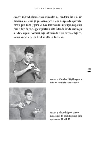     



estados individualmente são colocadas na bandeira, há um uso
desviante de olhar, já que o intérprete olha à esquerda, aparente-
mente para nada (figura 5). Esse recurso atrai a atenção da platéia
para o fato de que algo importante está faltando ainda, antes que
a cidade capital do Brasil seja introduzida e sua estrela esteja co-
locada como a estrela final no alto da bandeira.




                                                                          123
                                                                          F
                                     : Os olhos dirigidos para a
                                    letra “o” soletrada manualmente.




                                     : olhos dirigidos para o
                                    nada, antes do sinal do clímax para
                                    representar BRASÍLIA
 
