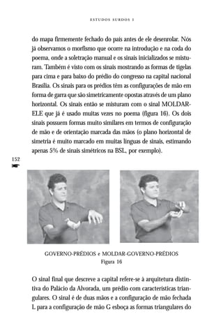   



      do mapa firmemente fechado do país antes de ele desenrolar. Nós
      já observamos o morfismo que ocorre na introdução e na coda do
      poema, onde a soletração manual e os sinais inicializados se mistu-
      ram. Também é visto com os sinais mostrando as formas de tigelas
      para cima e para baixo do prédio do congresso na capital nacional
      Brasília. Os sinais para os prédios têm as configurações de mão em
      forma de garra que são simetricamente opostas através de um plano
      horizontal. Os sinais então se misturam com o sinal MOLDAR-
      ELE que já é usado muitas vezes no poema (figura 16). Os dois
      sinais possuem formas muito similares em termos de configuração
      de mão e de orientação marcada das mãos (o plano horizontal de
      simetria é muito marcado em muitas línguas de sinais, estimando
      apenas 5% de sinais simétricos na BSL, por exemplo).
152
f




           GOVERNO-PRÉDIOS e MOLDAR-GOVERNO-PRÉDIOS
                            Figura 16


      O sinal final que descreve a capital refere-se à arquitetura distin-
      tiva do Palácio da Alvorada, um prédio com características trian-
      gulares. O sinal é de duas mãos e a configuração de mão fechada
      L para a configuração de mão G esboça as formas triangulares do
 