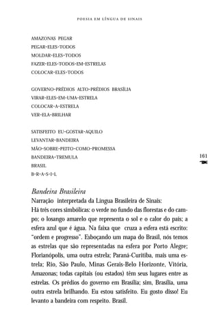     



AMAZONAS PEGAR
PEGAR-ELES-TODOS
MOLDAR-ELES-TODOS
FAZER-ELES-TODOS-EM-ESTRELAS
COLOCAR-ELES-TODOS


GOVERNO-PRÉDIOS ALTO-PRÉDIOS BRASÍLIA
VIRAR-ELES-EM-UMA-ESTRELA
COLOCAR-A-ESTRELA
VER-ELA-BRILHAR


SATISFEITO EU-GOSTAR-AQUILO
LEVANTAR-BANDEIRA
MÃO-SOBRE-PEITO-COMO-PROMESSA
BANDEIRA-TREMULA                                                     161
BRASIL                                                               F
B- R - A - S - I - L



Bandeira Brasileira
Narração interpretada da Língua Brasileira de Sinais:
Há três cores simbólicas: o verde no fundo das florestas e do cam-
po; o losango amarelo que representa o sol e o calor do país; a
esfera azul que é água. Na faixa que cruza a esfera está escrito:
“ordem e progresso”. Esboçando um mapa do Brasil, nós temos
as estrelas que são representadas na esfera por Porto Alegre;
Florianópolis, uma outra estrela; Paraná-Curitiba, mais uma es-
trela; Rio, São Paulo, Minas Gerais-Belo Horizonte, Vitória,
Amazonas; todas capitais (ou estados) têm seus lugares entre as
estrelas. Os prédios do governo em Brasília; sim, Brasília, uma
outra estrela brilhando. Eu estou satisfeito. Eu gosto disso! Eu
levanto a bandeira com respeito. Brasil.
 