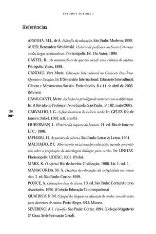   



     Referências

       ARANHA, M.L. de A. Filosofia da educação. São Paulo: Moderna,1989.
       AUED, Bernardete Wrublevski. História de profissões em Santa Catarina:
       ondas largas civilizadoras. Florianópolis: Ed. Do Autor, 1999.
       CASTEL, R.. As metamorfoses da questão social: uma crônica do salário.
       Petrópolis: Vozes, 1998.
       CANDAU, Vera Maria. Educação Intercultural no Contexto Brasileiro:
       Questões e Desafios. In: II Seminário Internacional: Educação Intercultural,
       Gênero e Movimentos Sociais. Forianópolis, 8 a 11 de abril de 2003.
       (Mimeo).
       CAVALCANTI, Meire. Inclusão é o privilégio de conviver com as diferenças.
       In: A Revista do Professor: Nova Escola. São Paulo, nº 182, maio/2005.
36     CARVALHO, J. G. As fases históricas da cultura surda. In: GELES. Rio de
f      Janeiro: Babel, 1992. n.6, ano 05.
       HUBERMAN, L. História da riqueza do homem. 21. ed. Rio de Janeiro:
       LTC, 1986.
       JAPIASSU, H. As paixões da ciência. São Paulo: Letras & Letras, 1991.
       MACHADO, P. C. Movimentos sociais surdos e educação: tecendo comentá-
       rios sobre a proposição da abordagem bilíngüe para surdos. In: LINHAS.
       Florianópolis: UDESC, 2005. (Prelo).
       MARX, K. O capital. Rio de Janeiro: Civilização, 1968. Liv. 1, vol. 1.
       MANACORDA, M. A. História da educação: da antigüidade aos nossos
       dias. 7. ed. São Paulo: Cortez, 1999.
       PONCE, A. Educação e luta de classes. 10. ed. São Paulo: Cortez/Autores
       Associados, 1990. (Coleção Educação Contemporânea)
       QUADROS, R. M. O papel das línguas na educação de surdos: considerações
       para diretrizes de ensino. Porto Alegre. S/D. Mimeo.
       SEVERINO, A. J. Filosofia. São Paulo: Cortez, 1994. (Coleção Magistério
       2º Grau. Série Formação Geral).
 