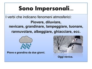 Sono Impersonali...
I verbi che indicano fenomeni atmosferici:
Piovere, diluviare,
nevicare, grandinare, lampeggiare, tuonare,
rannuvolare, albeggiare, ghiacciare, ecc.
Oggi nevica.
Piove e grandina da due giorni.
 
