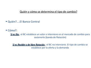Quién y cómo se determina el tipo de cambio? Quién?....El Banco Central Cómo?:  Si es fijo  : el BC establece un valor e interviene en el mercado de cambio para sostenerlo (banda de flotación) Si es flexible o de libre flotación  : el BC no interviene. El tipo de cambio se establece por la oferta y la demanda 