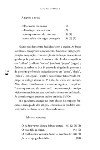   



            A raposa e as uva

            colhas come muito uva                   (1)
            colhos fugiu escuro árvore              (2)
            raposa quero vontade come uva           (3) (4)
            raposa pulou não pegeu conseguiu        (5) (6) (7)

           NAY8 não demonstra facilidade com a escrita. As frases
      são breves, não apresentam elementos funcionais (artigo, pre-
      posição, conjunção), com exceção do título que foi escrito no
      quadro pela professora. Apresenta dificuldades ortográficas
      em “colhos” (coelhos), “colhas” (coelhas), “pegeu” (pegou) ;
      flexiona os verbos na 3ª e 1ª pessoa do singular do presente e
294   do pretérito perfeito do indicativo como em “come”, “fugiu”,
f     “pulou”, “conseguiu”, “quero”; parece haver tentativa de em-
      pregar o diálogo direto na 3ª linha do texto, sem sucesso.
      Além disso, considerou-se a estrutura seguinte complexa:
      “raposa quero vontade come uva”, uma construção do tipo
      tópico-comentário, em que o primeiro elemento é enfatizado.
      As demais orações estão na ordem canônica SV(O).
           Já o que chama atenção no texto abaixo é o emprego for-
      çado e inadequado dos artigos, lembrando os modelos este-
      reotipados das frases de cartilhas tradicionais.

                 lebre e a tartaruga

            O ela falu vamos disputa brincar correu. (1) (2) (3) (4)
            O você falu ja correr.                          (5) (6)
            O coelha come cenoura dome ja. acordou. (7) (8) (9)
            Ja tartaruga ganhou feliz                          (10)
 