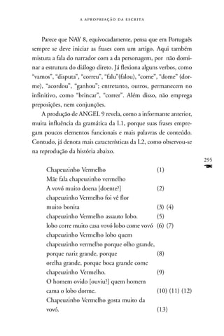    



    Parece que NAY 8, equivocadamente, pensa que em Português
sempre se deve iniciar as frases com um artigo. Aqui também
mistura a fala do narrador com a da personagem, por não domi-
nar a estrutura do diálogo direto. Já flexiona alguns verbos, como
“vamos”, “disputa”, “correu”, “falu”(falou), “come”, “dome” (dor-
me), “acordou”, “ganhou”; entretanto, outros, permanecem no
infinitivo, como “brincar”, “correr”. Além disso, não emprega
preposições, nem conjunções.
    A produção de ANGEL 9 revela, como a informante anterior,
muita influência da gramática da L1, porque suas frases empre-
gam poucos elementos funcionais e mais palavras de conteúdo.
Contudo, já denota mais características da L2, como observou-se
na reprodução da história abaixo.
                                                                     295
     Chapeuzinho Vermelho                          (1)               F
     Mãe fala chapeuzinho vermelho
     A vovó muito doena [doente?]                  (2)
     chapeuzinho Vermelho foi vê flor
     muito bonita                                  (3) (4)
     chapeuzinho Vermelho assauto lobo.            (5)
     lobo corre muito casa vovó lobo come vovó     (6) (7)
     chapeuzinho Vermelho lobo quem
     chapeuzinho vermelho porque olho grande,
     porque nariz grande, porque                   (8)
     orelha grande, porque boca grande come
     chapeuzinho Vermelho.                         (9)
     O homem ovido [ouviu?] quem homem
     cama o lobo dorme.                            (10) (11) (12)
     Chapeuzinho Vermelho gosta muito da
     vovó.                                         (13)
 