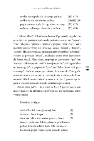    



      coelho não rápido viu tartaruga ganhou    (16) (17)
      coelho eu viu não dormir acabou           (18) (19) (20)
      pegou animais tudo festa ganhou tartaruga (21) (22)
      embora coelho que não mais já acabou      (23) (24)

    O aluno MAU 11 flexiona verbos na 3ª pessoa do singular, no
presente e no pretérito perfeito do indicativo, como em “parou”,
“viu”, “chegou”, “ganhou”, “acabou”, “pegou”, “tem”, “vê”, “vai”;
mantém outros verbos no infinitivo, como “passear”, “dormir”,
“comer”. Há a ocorrência de apenas um erro ortográfico “deborado”
e outro de prosódia “arvoré”, analisados como erros decorrentes
da forma visual. Além disso, emprega as conjunções “que” em
“embora coelho que não mais” e a conjunção “ou” em “agora lebre
ou tartaruga já”; a preposição “para” em “lebre fraco você para      299
tartaruga”. Embora empregue vários elementos do Português,           F
notamos nesses textos que a construção do sentido pelo leitor
torna-se difícil, recorrendo-se apenas à escrita, é preciso apelar
para o conhecimento de mundo partilhado pelo leitor.
    Assim como MAU 11, o texto de SUE 5 parece inserir um
maior número de elementos morfolexicais do Português, como
vemos abaixo:

      Descricao de figura

      As famìlias foi passer[passear] livre.            (1)
      A mata ar bom limpo.                              (2)
      As nossa cidade tem varias: gramas, flores,       (3)
      árvores, pinheiros, folhas, pássaros, pombinhos,
      galhos, troncos, asfalto, bola, sofá lixeira, etc
      Ela moça, pegar regador água cuidado palntas
 