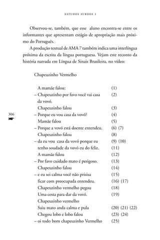   



          Observou-se, também, que esse aluno encontra-se entre os
      informantes que apresentam estágio de apropriação mais próxi-
      mo do Português.
          A produção textual de AMA 7 também indica uma interlíngua
      próxima da escrita da língua portuguesa. Vejam este reconto da
      história narrada em Língua de Sinais Brasileira, no vídeo:

            Chapeuzinho Vermelho

              A mamãe falou:                          (1)
            – Chapeuzinho por favo você vai casa      (2)
              da vovó.
              Chapeuzinho falou                       (3)
306         – Porque eu vou casa da vovó?             (4)
f             Mamãe falou                             (5)
            – Porque a vovó está doente entendeu.     (6) (7)
              Chapeuzinho falou                       (8)
            – da eu vou casa da vovó porque eu        (9) (10)
              tenho soudade da vovó eu do feliz.      (11)
              A mamãe falou                           (12)
            – Por favo cuidado mato é perigoso.       (13)
              Chapeuzinho falou                       (14)
            – e eu sei calma você não prisisa         (15)
              ficar com preocupada entendeu.          (16) (17)
              Chapeuzinho vermelho pegou              (18)
              Uma cesta para dar da vovó.             (19)
              Chapeuzinho vermelho
              Saiu mato anda calma e pula             (20) (21) (22)
              Chegou lobo e lobo falou                (23) (24)
            – oi todo bom chapeuzinho Vermelho        (25)
 