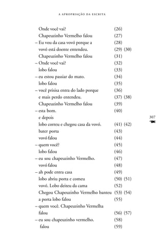    



  Onde você vai?                       (26)
  Chapeuzinho Vermelho falou           (27)
– Eu vou da casa vovó porque a         (28)
  vovó está doente entendeu.           (29) (30)
  Chapeuzinho Vermelho falou           (31)
– Onde você vai?                       (32)
  lobo falou                           (33)
– eu estou passiar do mato.            (34)
  lobo falou                           (35)
– você prisisa entra do lado porque    (36)
  e mais perdo entendeu.               (37) (38)
  Chapeuzinho Vermelho falou           (39)
– esta bom.                            (40)
  e depois                                         307
  lobo correu e chegou casa da vovó.   (41) (42)   F
  bater porta                          (43)
  vovó falou                           (44)
– quem você?                           (45)
  lobo falou                           (46)
– eu sou chapeuzinho Vermelho.         (47)
  vovó falou                           (48)
– ah pode entra casa                   (49)
  lobo abriu porta e comeu             (50) (51)
  vovó. Lobo deiteu da cama            (52)
  Chegou Chapeuzinho Vermelho banteu   (53) (54)
  a porta lobo falou                   (55)
– quem você. Chapeuzinho Vermelha
  falou                                (56) (57)
– eu sou chapeuzinho vermelho.         (58)
   falou                               (59)
 