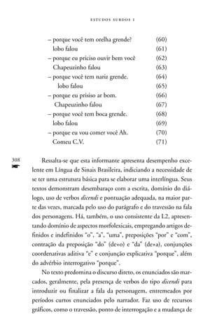   



            – porque você tem orelha grende?             (60)
              lobo falou                                 (61)
            – porque eu priciso ouvir bem você           (62)
              Chapeuzinho falou                          (63)
            – porque você tem nariz grende.              (64)
                lobo falou                               (65)
            – porque eu prisiso ar bom.                  (66)
               Chapeuzinho falou                         (67)
            – porque você tem boca grende.               (68)
              lobo falou                                 (69)
            – porque eu vou comer você Ah.               (70)
              Comeu C.V.                                 (71)

308        Ressalta-se que esta informante apresenta desempenho exce-
f     lente em Língua de Sinais Brasileira, indiciando a necessidade de
      se ter uma estrutura básica para se elaborar uma interlíngua. Seus
      textos demonstram desembaraço com a escrita, domínio do diá-
      logo, uso de verbos dicendi e pontuação adequada, na maior par-
      te das vezes, marcada pelo uso do parágrafo e do travessão na fala
      dos personagens. Há, também, o uso consistente da L2, apresen-
      tando domínio de aspectos morfolexicais, empregando artigos de-
      finidos e indefinidos “o”, “a”, “uma”, preposições “por” e “com”,
      contração da preposição “do” (de+o) e “da” (de+a), conjunções
      coordenativas aditiva “e” e conjunção explicativa “porque”, além
      do advérbio interrogativo “porque”.
           No texto predomina o discurso direto, os enunciados são mar-
      cados, geralmente, pela presença de verbos do tipo dicendi para
      introduzir ou finalizar a fala da personagem, entremeados por
      períodos curtos enunciados pelo narrador. Faz uso de recursos
      gráficos, como o travessão, ponto de interrogação e a mudança de
 