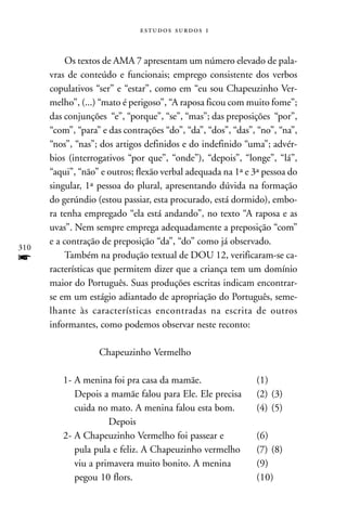   


          Os textos de AMA 7 apresentam um número elevado de pala-
      vras de conteúdo e funcionais; emprego consistente dos verbos
      copulativos “ser” e “estar”, como em “eu sou Chapeuzinho Ver-
      melho”, (...) “mato é perigoso”, “A raposa ficou com muito fome”;
      das conjunções “e”, “porque”, “se”, “mas”; das preposições “por”,
      “com”, “para” e das contrações “do”, “da”, “dos”, “das”, “no”, “na”,
      “nos”, “nas”; dos artigos definidos e do indefinido “uma”; advér-
      bios (interrogativos “por que”, “onde”), “depois”, “longe”, “lá”,
      “aqui”, “não” e outros; flexão verbal adequada na 1ª e 3ª pessoa do
      singular, 1ª pessoa do plural, apresentando dúvida na formação
      do gerúndio (estou passiar, esta procurado, está dormido), embo-
      ra tenha empregado “ela está andando”, no texto “A raposa e as
      uvas”. Nem sempre emprega adequadamente a preposição “com”
      e a contração de preposição “da”, “do” como já observado.
310
f         Também na produção textual de DOU 12, verificaram-se ca-
      racterísticas que permitem dizer que a criança tem um domínio
      maior do Português. Suas produções escritas indicam encontrar-
      se em um estágio adiantado de apropriação do Português, seme-
      lhante às características encontradas na escrita de outros
      informantes, como podemos observar neste reconto:

                   Chapeuzinho Vermelho

         1- A menina foi pra casa da mamãe.                   (1)
            Depois a mamãe falou para Ele. Ele precisa        (2) (3)
            cuida no mato. A menina falou esta bom.           (4) (5)
                     Depois
         2- A Chapeuzinho Vermelho foi passear e              (6)
            pula pula e feliz. A Chapeuzinho vermelho         (7) (8)
            viu a primavera muito bonito. A menina            (9)
            pegou 10 flors.                                   (10)
 
