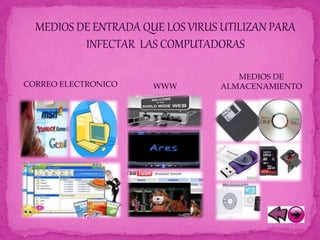 MEDIOS DE ENTRADA QUE LOS VIRUS UTILIZAN PARA
INFECTAR LAS COMPUTADORAS
CORREO ELECTRONICO WWW
MEDIOS DE
ALMACENAMIENTO
 
