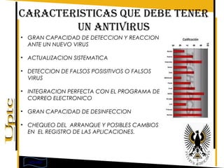 CARACTERISTICAS QUE DEBE TENER
        UN ANTIVIRUS
• GRAN CAPACIDAD DE DETECCION Y REACCION
  ANTE UN NUEVO VIRUS

• ACTUALIZACION SISTEMATICA

• DETECCION DE FALSOS POSISITIVOS O FALSOS
  VIRUS

• INTEGRACION PERFECTA CON EL PROGRAMA DE
  CORREO ELECTRONICO

• GRAN CAPACIDAD DE DESINFECCION

• CHEQUEO DEL ARRANQUE Y POSIBLES CAMBIOS
  EN EL REGISTRO DE LAS APLICACIONES.




  VOLVER
 