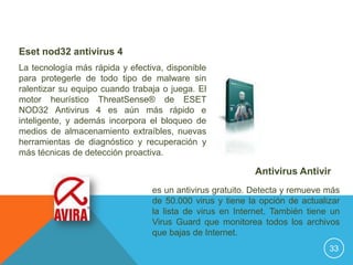 Eset nod32 antivirus 4
La tecnología más rápida y efectiva, disponible
para protegerle de todo tipo de malware sin
ralentizar su equipo cuando trabaja o juega. El
motor heurístico ThreatSense® de ESET
NOD32 Antivirus 4 es aún más rápido e
inteligente, y además incorpora el bloqueo de
medios de almacenamiento extraíbles, nuevas
herramientas de diagnóstico y recuperación y
más técnicas de detección proactiva.

                                                          Antivirus Antivir
                                 es un antivirus gratuito. Detecta y remueve más
                                 de 50.000 virus y tiene la opción de actualizar
                                 la lista de virus en Internet. También tiene un
                                 Virus Guard que monitorea todos los archivos
                                 que bajas de Internet.
                                                                             33
 