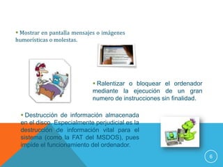  Mostrar en pantalla mensajes o imágenes
humorísticas o molestas.




                             Ralentizar o bloquear el ordenador
                            mediante la ejecución de un gran
                            numero de instrucciones sin finalidad.

   Destrucción de información almacenada
  en el disco. Especialmente perjudicial es la
  destrucción de información vital para el
  sistema (como la FAT del MSDOS), pues
  impide el funcionamiento del ordenador.
                                                                     6
 