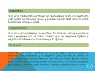 Multipartitos
Los virus multipartitos combinan las capacidades de los virus parásitos
y de sector de arranque inicial, y pueden infectar tanto ficheros como
sectores de arranque inicial.

Acompañantes
Los virus acompañantes no modifican los ficheros, sino que crean un
nuevo programa con el mismo nombre que un programa legítimo y
engañan al sistema operativo para que lo ejecute.

De vinculo

Los virus de vínculo modifican la forma en que el sistema operativo
encuentra los programas, y lo engañan para que ejecute primero el
virus y luego el programa deseado. Un virus de vínculo puede infectar
todo un directorio (sección) de una computadora, y cualquier programa
ejecutable al que se acceda en dicho directorio desencadena el virus.
                                                                           9
 
