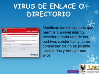 VIRUS DE ENLACE O
DIRECTORIO
Modifican las direcciones que
permiten, a nivel interno,
acceder a cada uno de los
archivos existentes, y como
consecuencia no es posible
localizarlos y trabajar con
ellos

SIGUIENTE

 