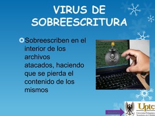 VIRUS DE
SOBREESCRITURA
Sobreescriben en el
interior de los
archivos
atacados, haciendo
que se pierda el
contenido de los
mismos

SIGUIENTE

 