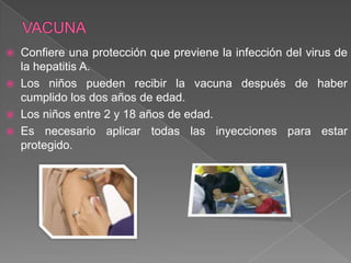 




Confiere una protección que previene la infección del virus de
la hepatitis A.
Los niños pueden recibir la vacuna después de haber
cumplido los dos años de edad.
Los niños entre 2 y 18 años de edad.
Es necesario aplicar todas las inyecciones para estar
protegido.

 