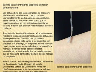 parche para controlar la diabetes sin tener
que pincharse
Las células beta son las encargadas de producir y
almacenar la insulina en el cuerpo humano.
Lamentablemente, en los pacientes con diabetes,
estas células no funcionan bien, por lo que la
mayoría de ellos, se ven obligados a inyectarse
insulina a diario, con el dolor y las molestias que eso
conlleva.
Para evitarlo, los científicos llevan años tratando de
replicar la función que desempeñan estas células en
el cuerpo humano. También han probado a
trasplantar células beta sanas a los pacientes con
diabetes. Sin embargo, el trasplante es una solución
muy invasiva y con un elevado riesgo de infección y
rechazo, a demás de los posibles efectos
secundarios de los tratamientos inmunodepresores
que es necesario administrar siempre que se realizar
un trasplante.
Ahora, por fin, unos investigadores de la Universidad
de Carolina del Norte, Chapel Hill, y de la
Universidad Estatal de Carolina del Norte han
diseñado una nueva solución no invasiva, indolora,
parche para controlar la diabetes
 