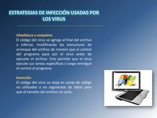 ESTRATEGIAS DE INFECCIÓN USADAS POR
             LOS VIRUS


  Añadidura o empalme
  El código del virus se agrega al final del archivo
  a infectar, modificando las estructuras de
  arranque del archivo de manera que el control
  del programa pase por el virus antes de
  ejecutar el archivo. Esto permite que el virus
  ejecute sus tareas específicas y luego entregue
  el control al programa.

  Inserción
  El código del virus se aloja en zonas de código
  no utilizadas o en segmentos de datos para
  que el tamaño del archivo no varíe.
 
