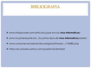 BIBLIOGRAFIA
 www.infospyware.com/articulos/¿que-son-los-virus-informaticos/
 www.muyinteresante.es/.../icuantos-tipos-de-virus-informaticos-existen
 www.consumer.es/web/es/tecnologia/software/.../176082.php
 https://es.answers.yahoo.com/question/index?qid.
 