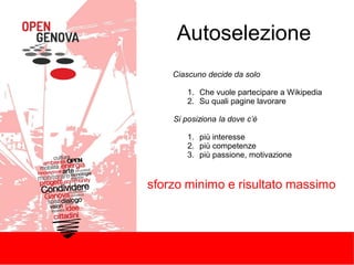 Autoselezione
Ciascuno decide da solo
1.
2.
Che vuole partecipare a Wikipedia
Su quali pagine lavorare
Si posiziona la dove c’è
1.
2.
3.
più
più
più
interesse
competenze
passione, motivazione
sforzo minimo e risultato massimo
 