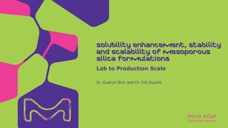 Merck KGaA
Darmstadt, Germany
Dr Gudrun Birk and Dr Iris Duarte
Lab to Production Scale
Solubility enhancement, stability
and scalability of mesoporous
silica formulations
 