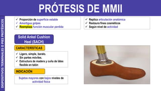 PRÓTESIS DE MMII
Solid Ankel Cushion
Heel (SACH)
 Ligero, simple, barato.
 Sin partes móviles.
 Estructura de madera y cuña de látex
flexible en talón
Sujetos mayores con bajos niveles de
actividad física
DISPOSITIVOS
TERMINALES
O
PIES
PROTÉSICOS
 Proporción de superficie estable
 Amortigua golpes
 Reemplaza función muscular perdida
 Replica articulación anatómica
 Restaura fines cosméticos
 Según nivel de actividad
CARACTERÍSTICAS
INDICACIÓN
 
