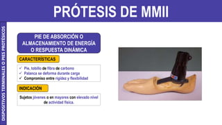 PRÓTESIS DE MMII
PIE DE ABSORCIÓN O
ALMACENAMIENTO DE ENERGÍA
O RESPUESTA DINÁMICA
 Pie, tobillo de fibra de carbono
 Palanca se deforma durante carga
 Compromiso entre rigidez y flexibilidad
Sujetos jóvenes o en mayores con elevado nivel
de actividad física.
CARACTERÍSTICAS
INDICACIÓN
DISPOSITIVOS
TERMINALES
O
PIES
PROTÉSICOS
 