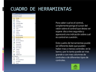 CUADRO DE HERRAMIENTAS
Para saber cual es el control,
simplemente ponga el cursor del
ratón sobre el control que desea ver
espere dos a tres segundos y
aparecerá una indicación sobre cual
es control en cuestión.
Este cuadro de herramientas puede
ser diferente dado que pueden
haber mas o menos controles en la
barra y por lo tanto puede ser mas
grande o con mas columnas de
controles o de diferentes tipos de
controles.
 