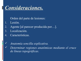 Consideraciones.
Orden del parte de lesiones:
1. Lesión.
2. Agente [al parecer producida por…].
3. Localización.
4. Características.
 Anatomía sencilla explicativa.
 Determinar regiones anatómicas mediante el cruce
de líneas topográficas.
 