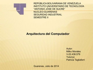 REPÚBLICA BOLIVARIANA DE VENEZUELA
INSTITUTO UNIVERSITARIO DE TECNOLOGÍA
“ANTONIO JÓSE DE SUCRE”
NUCLEO-GUARENAS
SEGURIDAD INDUSTRIAL
SEMESTRE II
Arquitectura del Computador
Autor:
Milko Morales
V-22.438.579
Tutor(a)
Patricia Tagliaferri
Guarenas, Julio de 2014
 