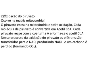 2)Oxidação do piruvato
Ocorre na matriz mitocondrial
O piruvato entra na mitocôndria e sofre oxidação. Cada
molécula de piruvato é convertida em Acetil CoA. Cada
piruvato reage com a coenzima A e forma-se o acetil CoA
Nesse processo da oxidação do piruvato os elétrons são
transferidos para o NAD, produzindo NADH e um carbono é
perdido (formando CO2).
 