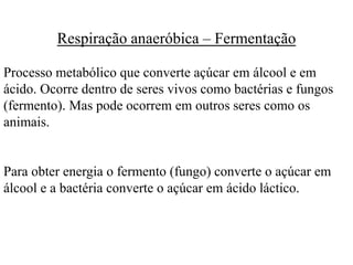 Respiração anaeróbica – Fermentação
Processo metabólico que converte açúcar em álcool e em
ácido. Ocorre dentro de seres vivos como bactérias e fungos
(fermento). Mas pode ocorrem em outros seres como os
animais.
Para obter energia o fermento (fungo) converte o açúcar em
álcool e a bactéria converte o açúcar em ácido láctico.
 