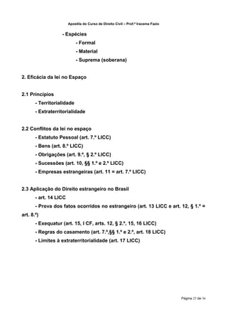 Apostila do Curso de Direito Civil – Prof.ª Iracema Fazio


                   - Espécies
                            - Formal
                            - Material
                            - Suprema (soberana)


2. Eficácia da lei no Espaço


2.1 Princípios
       - Territorialidade
       - Extraterritorialidade


2.2 Conflitos da lei no espaço
       - Estatuto Pessoal (art. 7.º LICC)
       - Bens (art. 8.º LICC)
       - Obrigações (art. 9.º, § 2.º LICC)
       - Sucessões (art. 10, §§ 1.º e 2.º LICC)
       - Empresas estrangeiras (art. 11 = art. 7.º LICC)


2.3 Aplicação do Direito estrangeiro no Brasil
       - art. 14 LICC
       - Prova dos fatos ocorridos no estrangeiro (art. 13 LICC e art. 12, § 1.º =
art. 8.º)
       - Exequatur (art. 15, I CF, arts. 12, § 2.º, 15, 16 LICC)
       - Regras do casamento (art. 7.º,§§ 1.º e 2.º, art. 18 LICC)
       - Limites à extraterritorialidade (art. 17 LICC)




                                                                                    Página 25 de 36
 