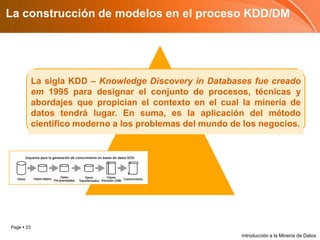 La construcción de modelos en el proceso KDD/DMLa sigla KDD – Knowledge Discovery in Databases fuecreado em 1995 para designar el conjunto de procesos, técnicas y abordajes que propician el contexto en el cual la minería de datos tendrá lugar. En suma, es la aplicación del método científico moderno a los problemas del mundo de los negocios.Introducción a la Minería de Datos