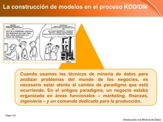 La construcción de modelos en el proceso KDD/DMCuando usamos las técnicas de minería de datos para analizar problemas del mundo de los negocios, es necesario estar atento al cambio de paradigma que está ocurriendo. En el antiguo paradigma, un negocio estaba organizado en áreas funcionales – marketing, finanzas, ingeniería – y un comando dedicado para la producción.Introducción a la Minería de Datos