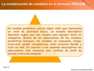 La construcción de modelos en el proceso KDD/DMUn modelo predictivo calcula algún valor que representa un nivel de actividad futura, un modelo descriptivo descubre reglas que son usadas para agrupar ítems en categorías. Dentro de las aplicaciones de los modelos predictivos tenemos: los modelos de respuesta, riesgo, cross-sell, upsell, competencia, valor presente líquido y ciclo de vida. En relación a los modelos descriptivos las aplicaciones más comunes son: análisis de perfil de cliente y carro de compras. Introducción a la Minería de Datos