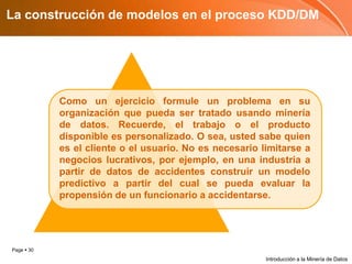 La construcción de modelos en el proceso KDD/DMComo un ejercicio formule un problema en su organización que pueda ser tratado usando minería de datos. Recuerde, el trabajo o el producto disponible es personalizado. O sea, usted sabe quien es el cliente o el usuario. No es necesario limitarse a negocios lucrativos, por ejemplo, en una industria a partir de datos de accidentes construir un modelo predictivo a partir del cual se pueda evaluar la propensión de un funcionario a accidentarse.Introducción a la Minería de Datos