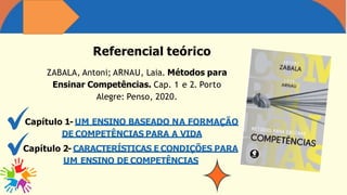 Referencial teórico
ZABALA, Antoni; ARNAU, Laia. Métodos para
Ensinar Competências. Cap. 1 e 2. Porto
Alegre: Penso, 2020.
Capítulo 1- UM ENSINO BASEADO NA FORMAÇÃO
DE COMPETÊNCIAS PARA A VIDA
Capítulo 2- CARACTERÍSTICAS E CONDIÇÕES PARA
UM ENSINO DE COMPETÊNCIAS
 