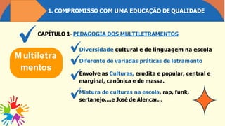 1. COMPROMISSO COM UMA EDUCAÇÃO DE QUALIDADE
CAPÍTULO 1- PEDAGOGIA DOS MULTILETRAMENTOS
Multiletra
mentos
Diversidade cultural e de linguagem na escola
Diferente de variadas práticas de letramento
Envolve as Culturas, erudita e popular, central e
marginal, canônica e de massa.
Mistura de culturas na escola, rap, funk,
sertanejo....e José de Alencar...
 